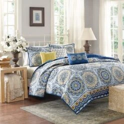 6pc Menara Reversible Quilted Coverlet Set Blue - Madison Park
