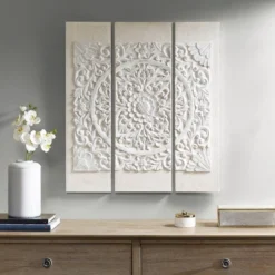 (Set Of 3) 35.5" Height Wooden Mandala 3D Embellished Canvas Decorative Wall Art Set White