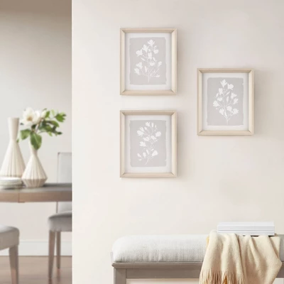3pc Fair Florets Framed Glass Wall Art Set Beige - Madison Park